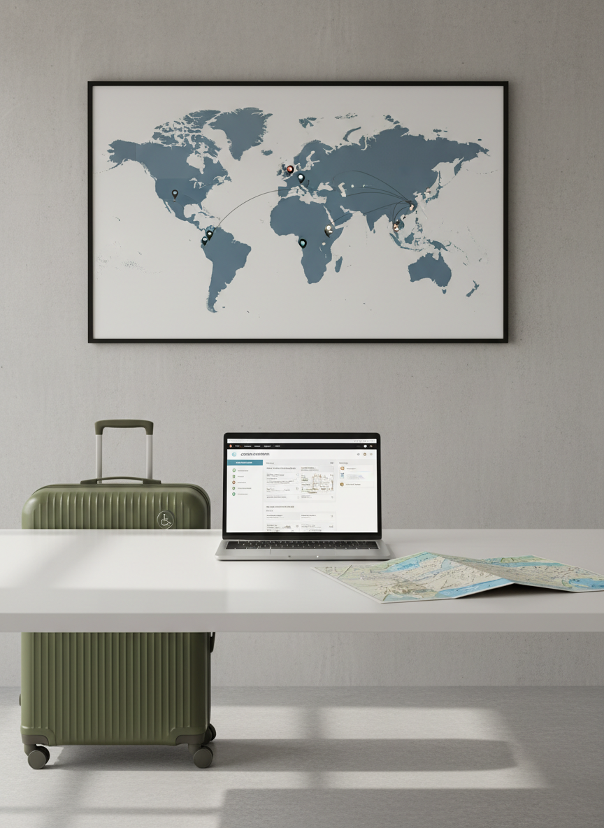 A sleek, modern travel planning workspace with a large, matte-white desk neatly arranged with an open laptop displaying an accessible travel itinerary, a folded tactile city map of Cape Town with raised landmarks, and a closed hard-shell suitcase with a subtle wheelchair accessibility icon embossed on the side. The background shows a neutral-toned wall with a clean, framed world map highlighting major accessible destinations. Soft, diffused daylight enters from an unseen window, creating gentle, directional shadows and a calm, professional atmosphere. Shot at eye level with a balanced, centered composition and sharp focus throughout, the image has a corporate, photographic realism style with clean lines, muted colors, and a structured, clutter-free layout that conveys organized, thoughtful planning.