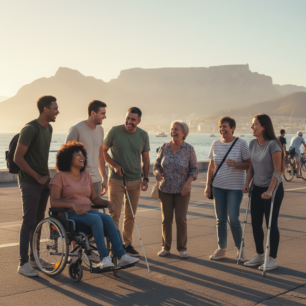 A photo-realistic, warm, candid image of real disabled and non-disabled travelers together in Cape Town, South Africa – mixed ages, diverse races and body types, including a wheelchair user and someone with a white cane, laughing together on a waterfront promenade with Table Mountain in the background. Golden-hour natural light, documentary travel photography style, no text, no logos, no exaggerated cartoon features.