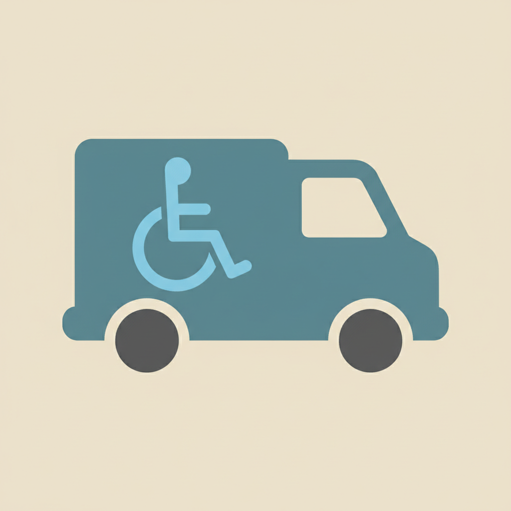 Bold, solid-style icon of an accessible transport van with a wheelchair symbol, simple and flat, on a light neutral background, matching a modern travel brand color palette