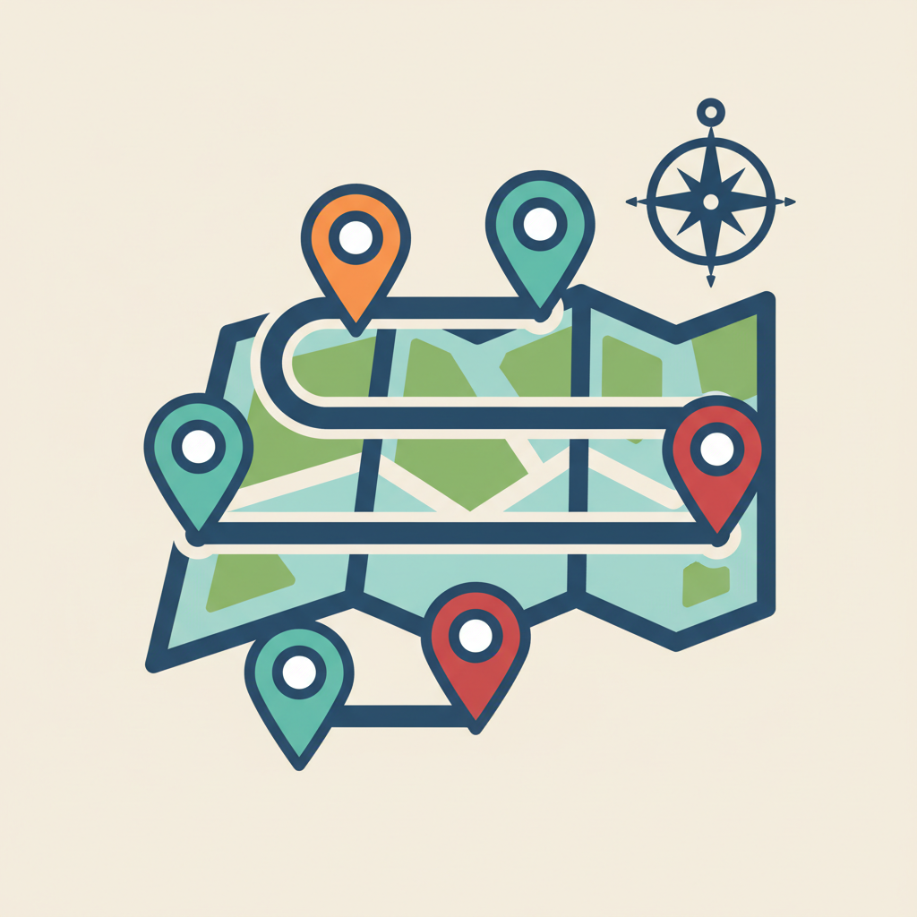 Bold, solid-style icon of a guided tour route with location pins and a simplified map, simple and flat, on a light neutral background, matching a modern travel brand color palette
