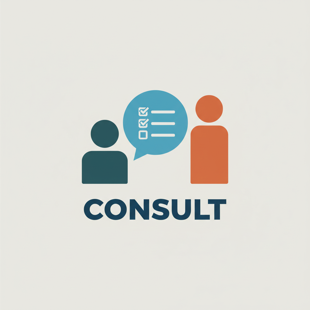Bold, solid-style icon of two people in conversation with a speech bubble and checklist, representing consulting services, simple and flat, on a light neutral background, matching a modern travel brand color palette